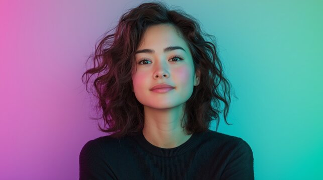 Artistic portrait of a woman with curly hair against a gradient background featuring pink and teal hues