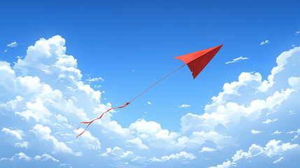 A red kite flying high in the clear blue sky