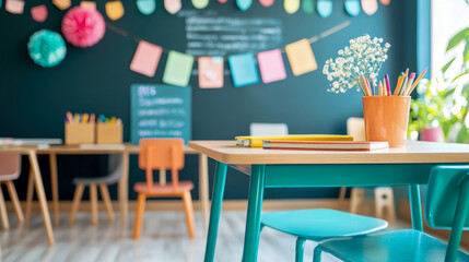 Bright and Playful Classroom Setting: Desk, Chairs, and Supplies
