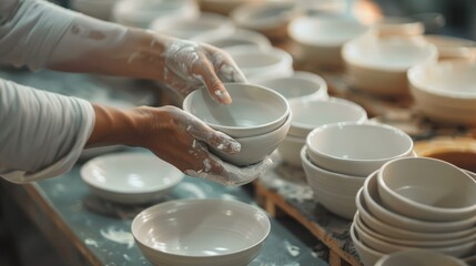 Pottery Maker Stacking White Bowls in a Studio