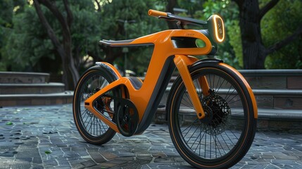 Sleek Orange Electric Bike in Scenic Park Setting