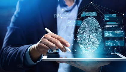 Digital Payments Businessman using tablet analyzing digital payments record on tablet. Digital transactions and network connection on modern virtual screen interface, technology