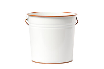 Vintage enamel milk pail featuring a white surface with a blue rim, standing on a white background with a smooth, clean surface