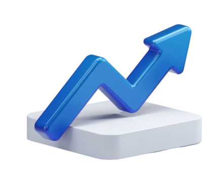 3D Blue Arrow Symbolizing Growth on White Platform
