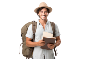 Smiling traveler wearing casual clothes with a backpack and holding a passport in one hand excitedly standing at the airport