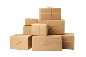Obraz premium Multiple cardboard boxes of different sizes stacked on top of each other with packing labels visible isolated on white background