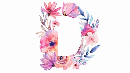 Elegant Letter D with Watercolor Flower and Leaves Letterhead Design