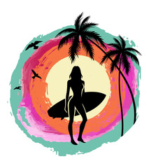 A silhouette of a female surfer carrying a surfboard walks along a beach at sunset, sunset ride and breaking waves scene. © Mustapha