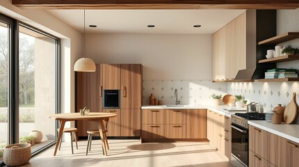 A wallpaper featuring a modern, aesthetic kitchen interior with natural earth tones, browns, beiges, and muted colors