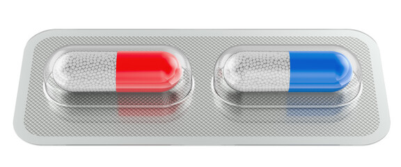 Red and blue capsules in blister pack, 3D rendering isolated on transparent background
