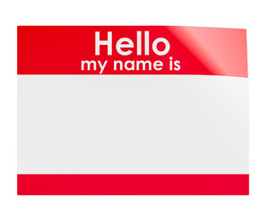 Obraz premium Red Hello my name is name tag blank template. Front view, 3D rendering isolated on transparent background
