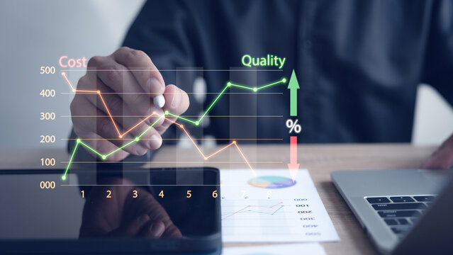 Cost and quality quality control concept Growth graph, virtual quality control and lower cost reduction. Cost Optimization