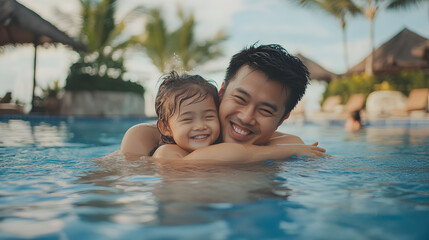 Dad, smile and child by swimming pool with happiness, hug or relax in garden or park. Father, daughter and outdoor with break for bonding, play and embrace with love on holiday or summer vacation