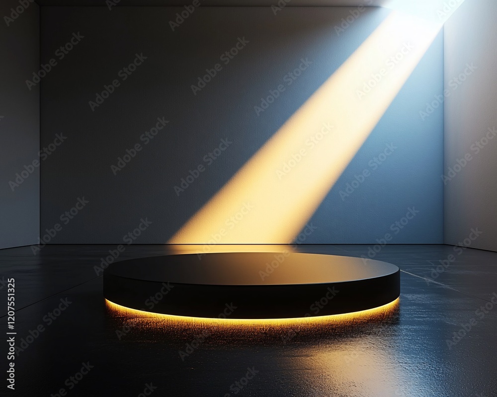 Poster illuminated round platform in dark room.