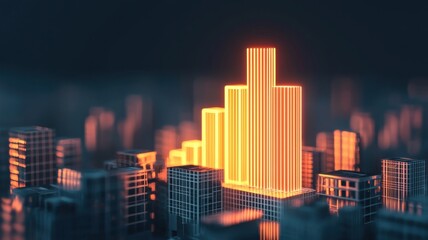 A futuristic city skyline with illuminated skyscrapers in warm hues, creating a vibrant urban atmosphere.