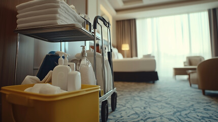 A clean hotel room with a well-organized housekeeping cart filled with towels, cleaning supplies, and a bright, inviting atmosphere.