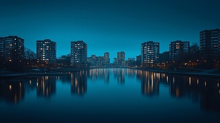 Fototapeta premium Night cityscape reflected in calm water.