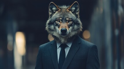 Man in a suit and tie wearing a wolf mask while standing against a dark background