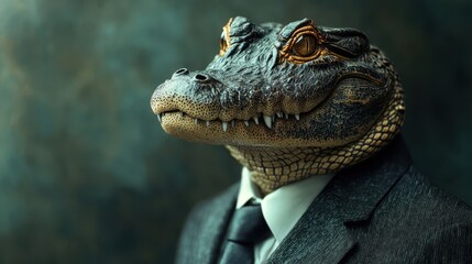 Obraz premium Close up of a crocodile wearing a formal suit with tie against a neutral background