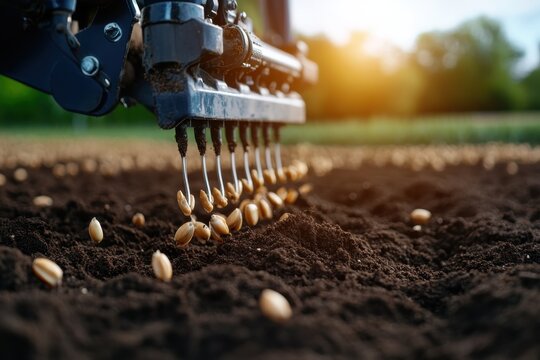 A mechanical seeder efficiently distributing seeds across the soil, highlighting the advancements in agricultural technology for better crop yields.