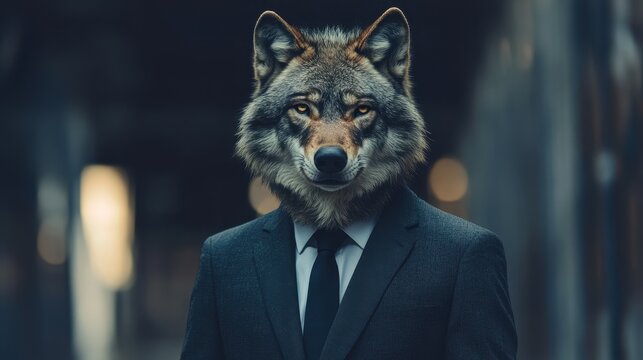 Man in a suit and tie wearing a wolf mask while standing against a dark background