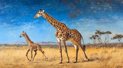 Obraz premium African Giraffes in the Savannah: A Mother and Calf Stroll Across Golden Grasslands Under a Vibrant Sky