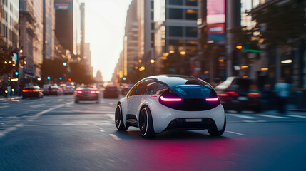 Sleek Autonomous Vehicle Cruising City Street at Sunset