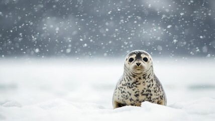 Obraz premium A curious seal rests on the snowy landscape, surrounded by falling snowflakes, creating a serene winter atmosphere.