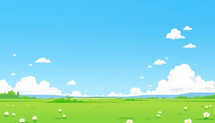 Sunny Day Green Field Landscape With White Clouds