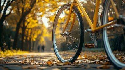 Fototapeta premium A close-up view of a yellow unicycle wheel on a leaf-covered path surrounded by trees in autumn