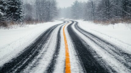 A snow-covered road winds through a winter landscape, with trees lining the sides and soft snowfall creating a serene atmosphere.