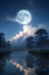 Fototapeta premium Enchanting Moonlit Night with Starry Sky and Tranquil River Phone Wallpaper 