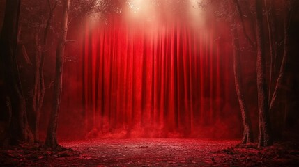 Red-lit forest path, mysterious, smoky atmosphere. Ideal for horror, fantasy, or dramatic projects needing an eerie backdrop.