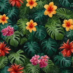 Selbstklebende Fototapeten Create a vibrant and lush green background featuring a tropical leaf banner with a variety of large, detailed leaves, such as monstera and palm leaves.  © aqsa