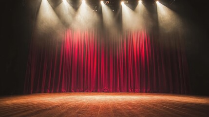 Red velvet curtains on a theater stage, illuminated by spotlights. Perfect for performance, show, or entertainment themes.