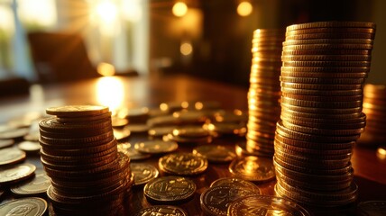 A close-up image of stacked coins on a table, illuminated by warm light, creating a rich and inviting atmosphere.