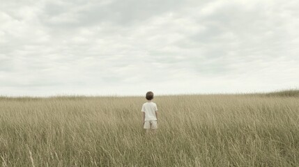 Boy standing in tall grass field under cloudy sky.