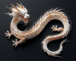 White dragon, mythical creature, serpentine body, gold accents, dark background.