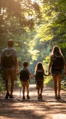 Naklejka premium Family Hiking Adventure Sunny Forest Trail Walk