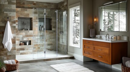 Modern bathroom with a glass shower and an elegant vanity, featuring clean lines and a sophisticated aesthetic.
