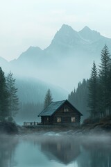 Fototapeta premium A beautiful wooden cabin nestled in a remote wilderness, framed by towering misty mountains and lush pine trees. Soft natural light creates a calming atmosphere perfect for relaxation