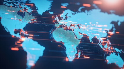 A digital map of the world with glowing blue continents and red data lines, showcasing a modern, tech-inspired design.
