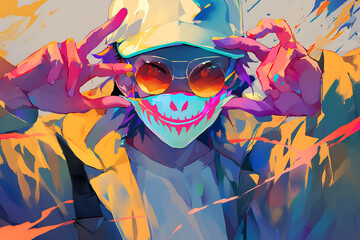 Colorful urban portrait of a person wearing a mask and sunglasses, showcasing vibrant street art