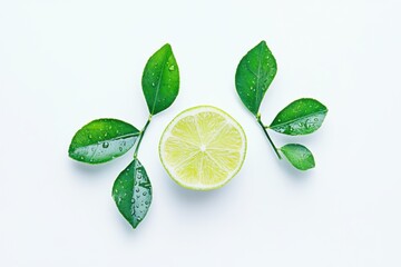 A lime is surrounded by leaves and water droplets