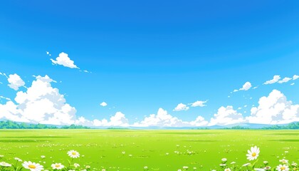 Sunny Day in a Green Field with Daisies