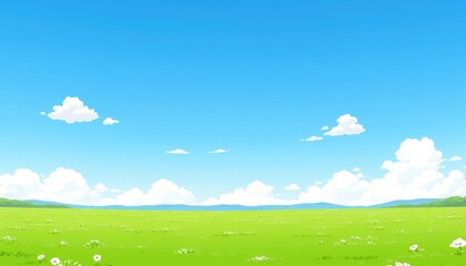 Fototapeta premium Serene Summer Meadow Under Blue Sky With Fluffy Clouds