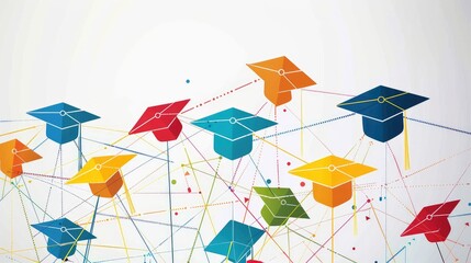 Graduations Caps Network with Colorful Connections
