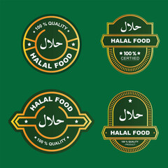Halal food labels, golden emblems, green background, Islamic symbols, circular badges, premium quality seals, Arabic calligraphy, food certification logos, gold and green color scheme, elegant design,