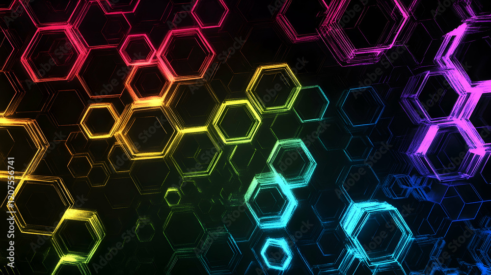 Wall mural a glowing geometric pattern of hexagons in vibrant neon colors on a dark background, creating depth 
