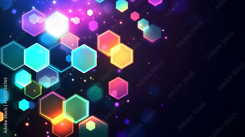 Wall mural a glowing geometric pattern of hexagons in vibrant neon colors on a dark background, creating depth 
